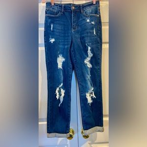 Judy Blue Blue Bleach Splash Distressed Cuffed Boyfriend Mid Rise Size 5/27